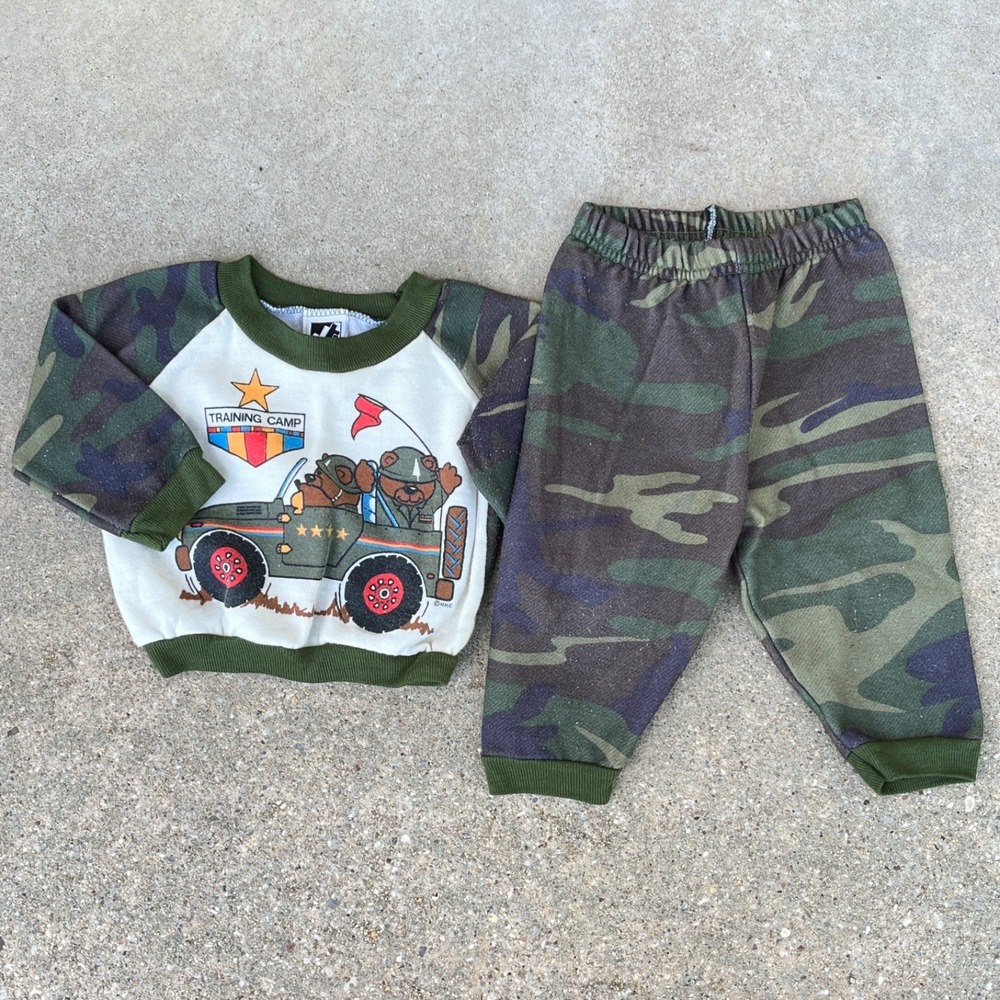 Jog Togs Boys 12M Outfit 2 Piece‎ Set Bear Camo Army Training Camp Vintage